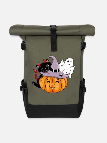 Lächelnder Kürbis mit schwarzer Katze und zwinkerndem Geist - Rolltop Rucksack - Olive/Schwarz
