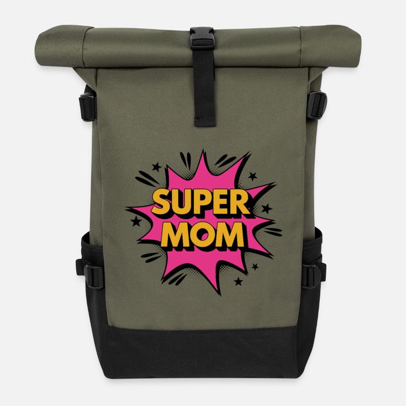 Super Mom – Comic-Style Power Design - Rolltop Rucksack - Olive/Schwarz