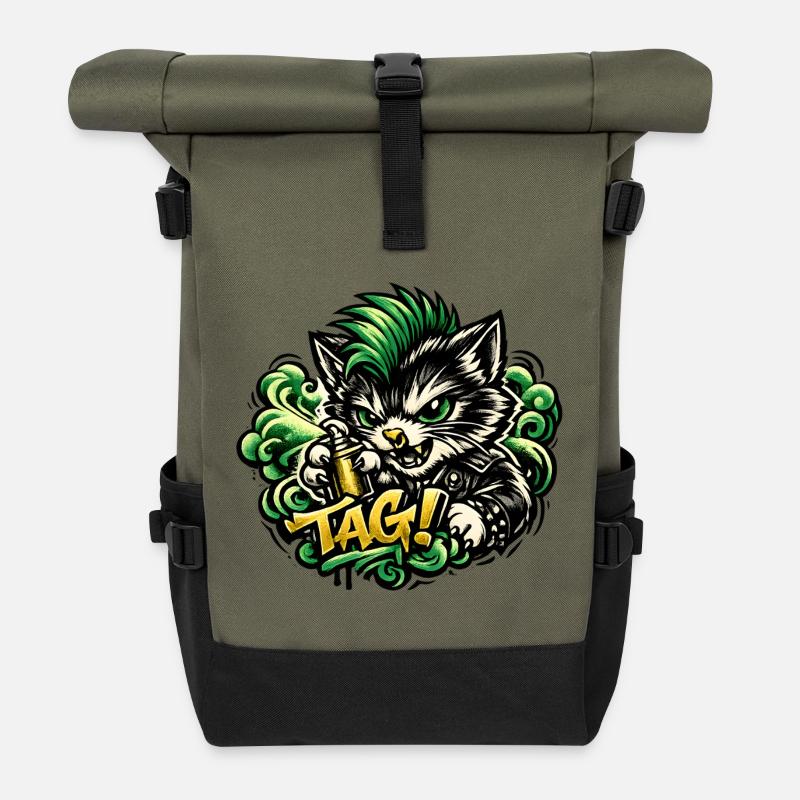 Aggressives Katzen Graffiti - Rolltop Rucksack - Olive/Schwarz