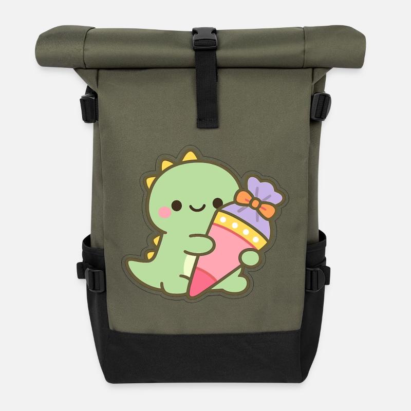 Schulkind Dino Einschulung Geschenk - Rolltop Rucksack - Olive/Schwarz