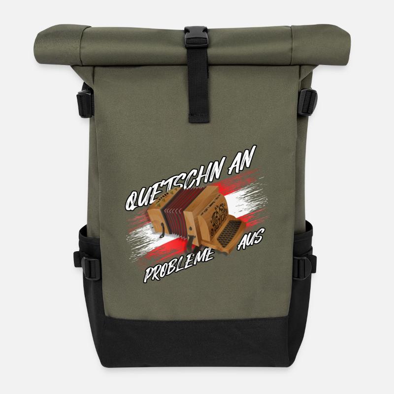 Quetschn AN - Probleme AUS | ZiachON! - Rolltop Rucksack - Olive/Schwarz