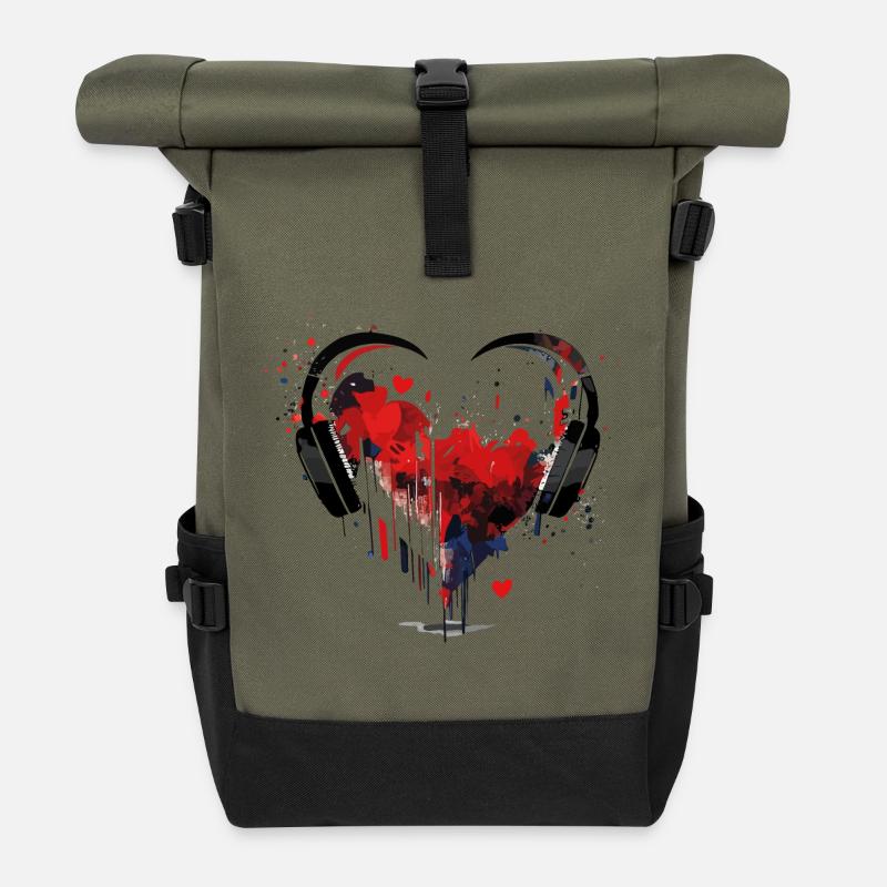 Herz der Musik - Grunge Kopfhörer - Rolltop Rucksack - Olive/Schwarz