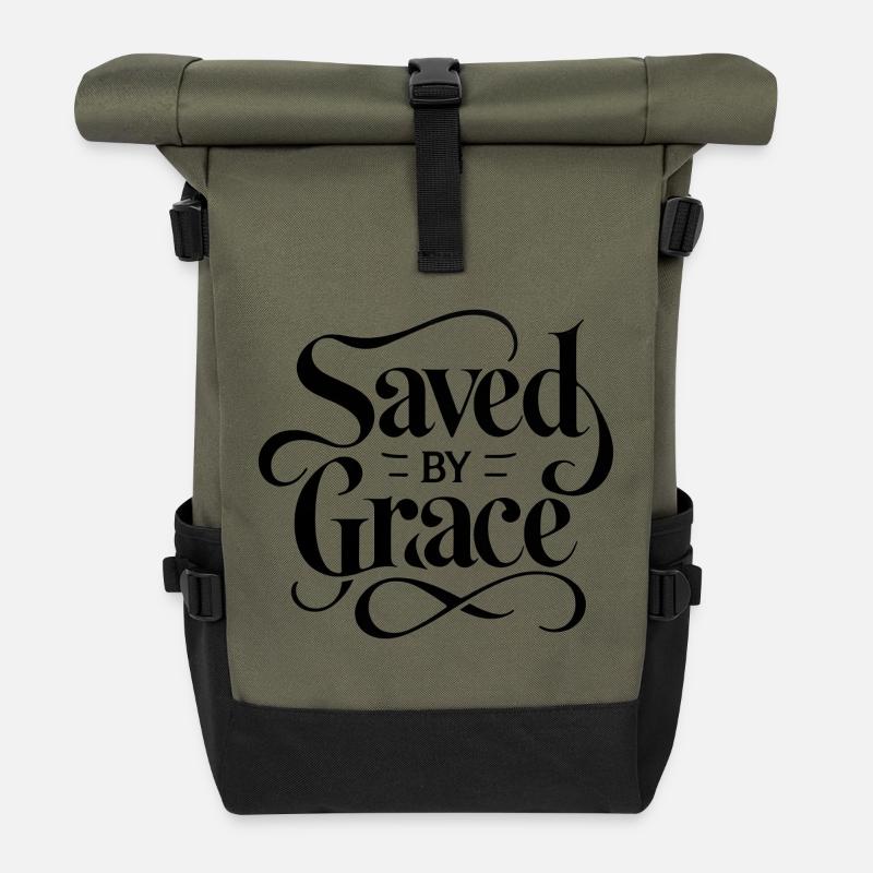Saved by Grace Schriftzug Design - Rolltop Rucksack - Olive/Schwarz
