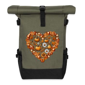 Cœur, rempli de citrouilles, de feuilles, de noix et de fleurs - Sac à dos roll top - olive/noir - Devant