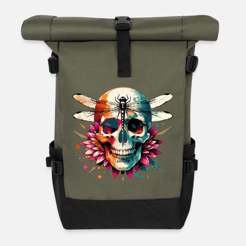 Mystic Skullflower - Roll Top Backpack - olive/black