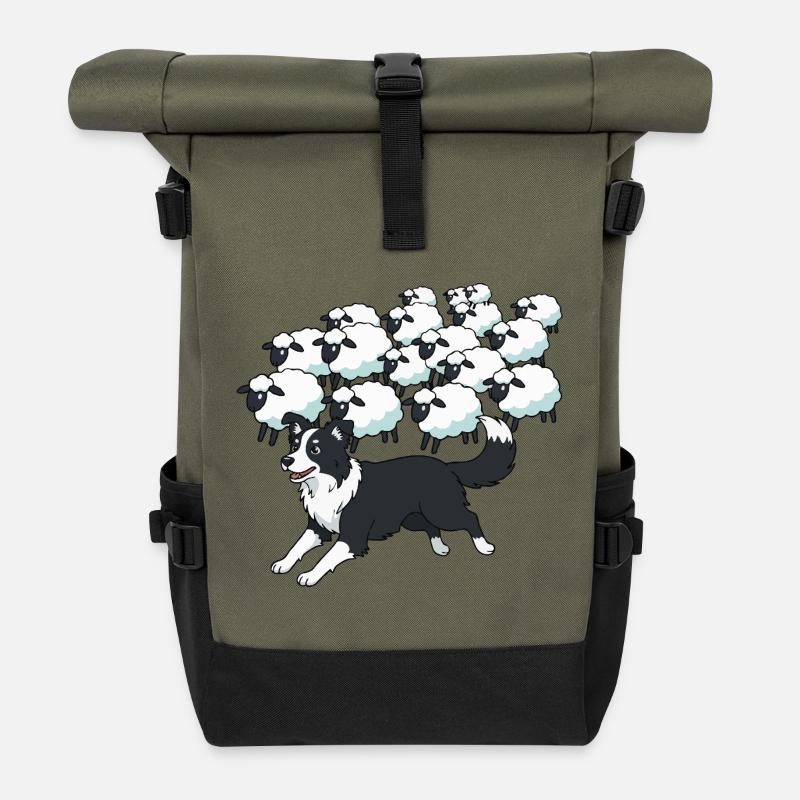 Border Collie und Clouds Sheep - Rolltop Rucksack - Olive/Schwarz