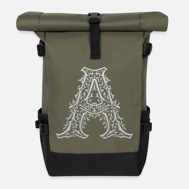 Buchstabe A mit silbernen Arabesken - Rolltop Rucksack - Olive/Schwarz