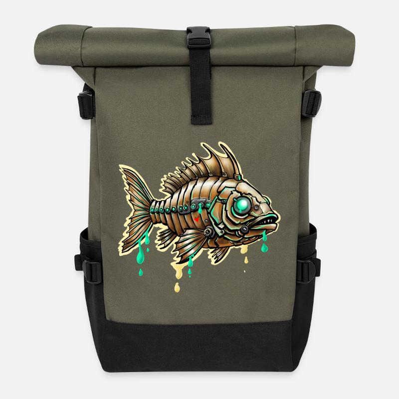Cybernetic Steampunk Fish - Roll Top Backpack - olive/black