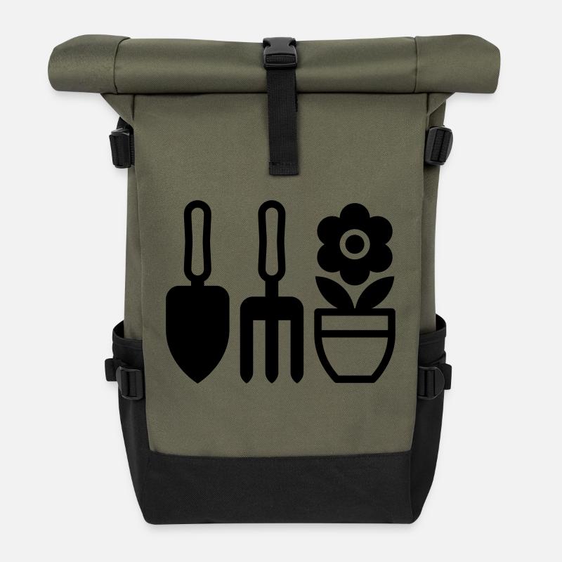 Gartenwerkzeug und Blumen - Rolltop Rucksack - Olive/Schwarz