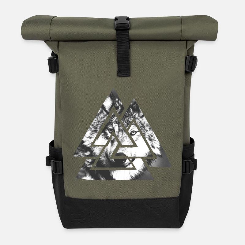 Valknut, Symbol von Odin - Mit Wolf - Rolltop Rucksack - Olive/Schwarz