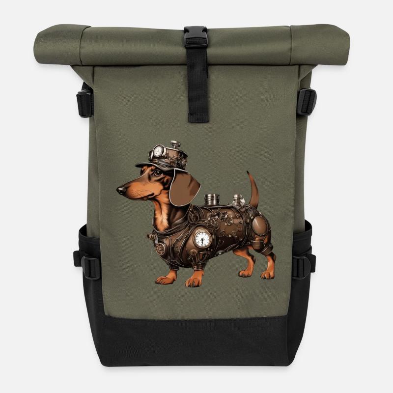 The Steampunk Dachshund | Dachshund - Roll Top Backpack - olive/black