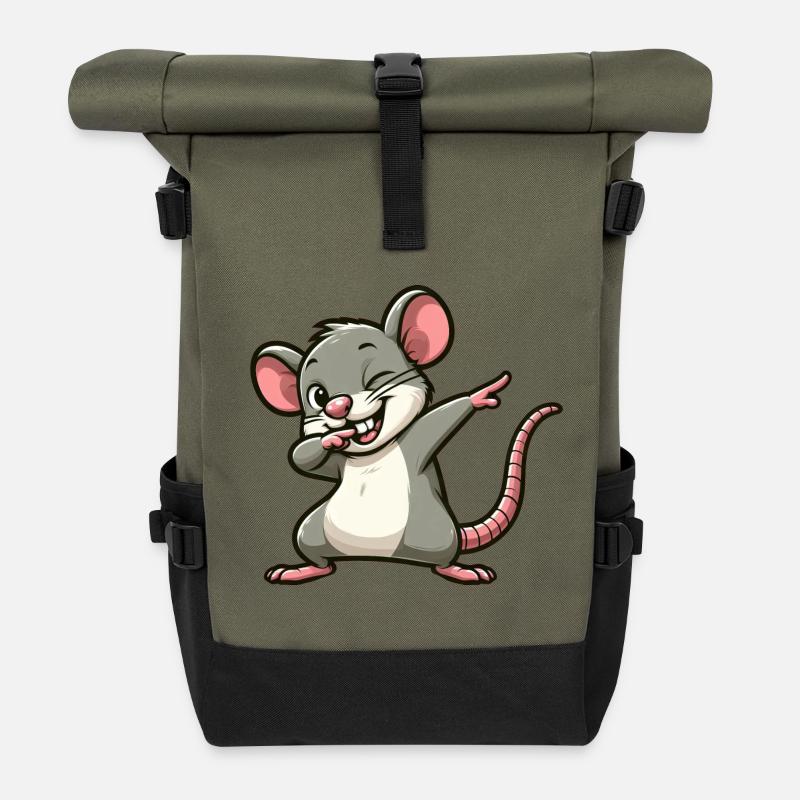 Rat and Mouse Dabbing Cartoon - Roll Top Backpack - olive/black