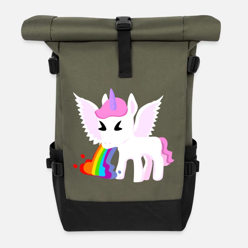 Einhorn Regenbogenspucke - Rolltop Rucksack - Olive/Schwarz