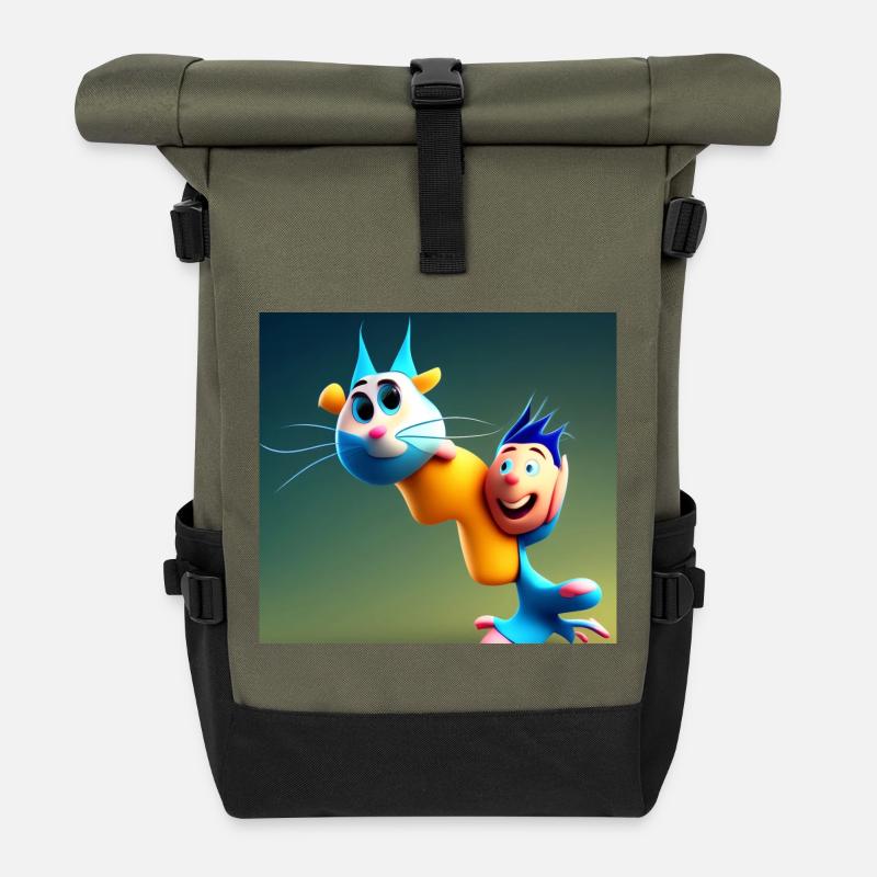 Autistic Art - I Love My Blue Cat - Roll Top Backpack - olive/black
