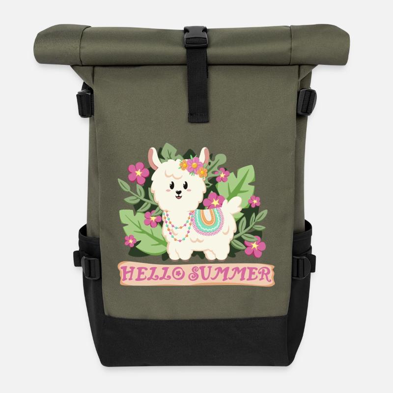 Hello summer Lama Alpaka in Sommerstimmung - Rolltop Rucksack - Olive/Schwarz