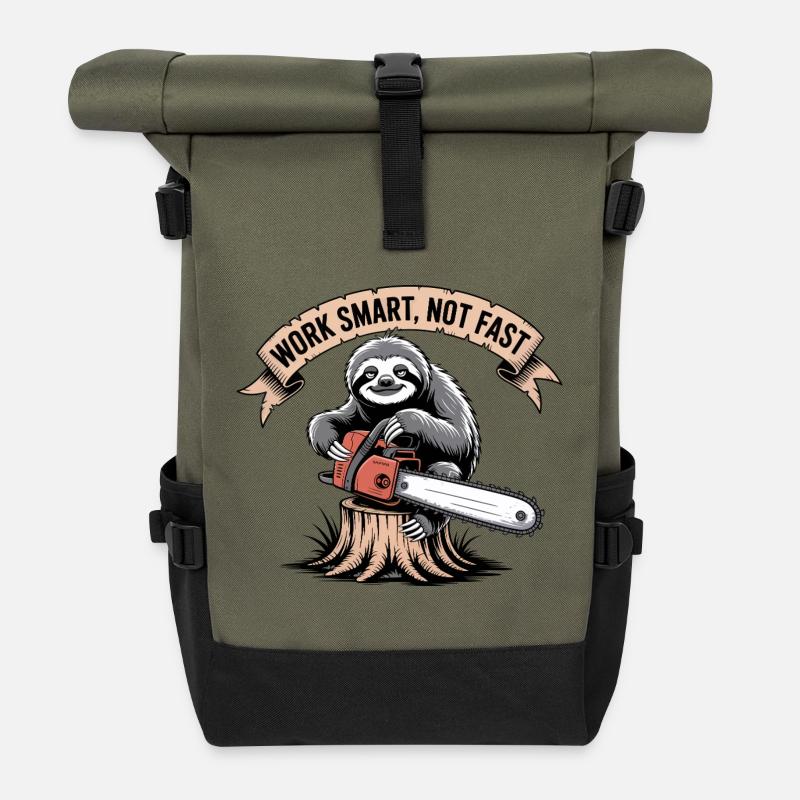 Travaillez mal, pas vite, tronçonneuse paresseuse - Sac à dos roll top - olive/noir