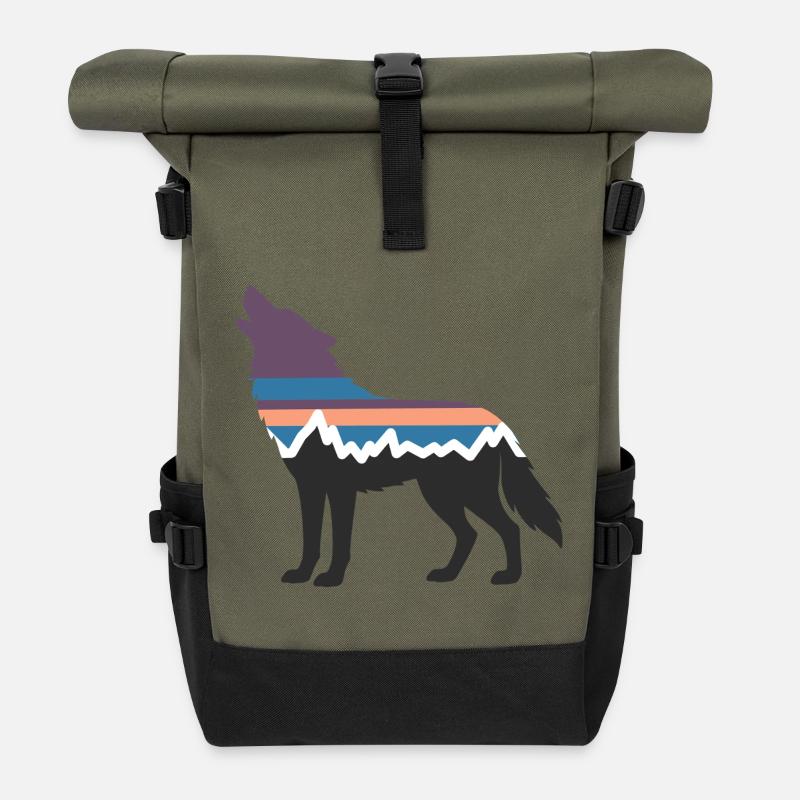 Wolf Hund Berg Landschaft Wald Wandern Silhouette - Rolltop Rucksack - Olive/Schwarz