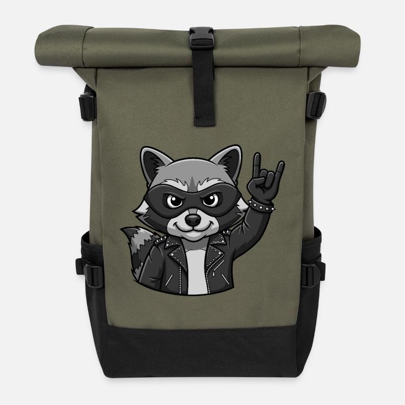 Rocker Waschbär mit Rock On Geste - Rolltop Rucksack - Olive/Schwarz