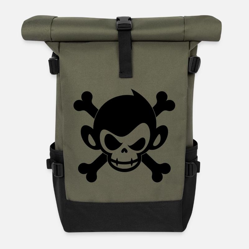 Totenkopf Affe Pirat Symbol - Rolltop Rucksack - Olive/Schwarz