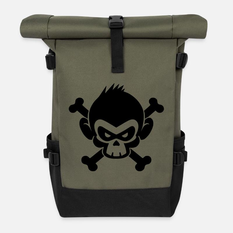 Skull monkey with crossed bones - Roll Top Backpack - olive/black