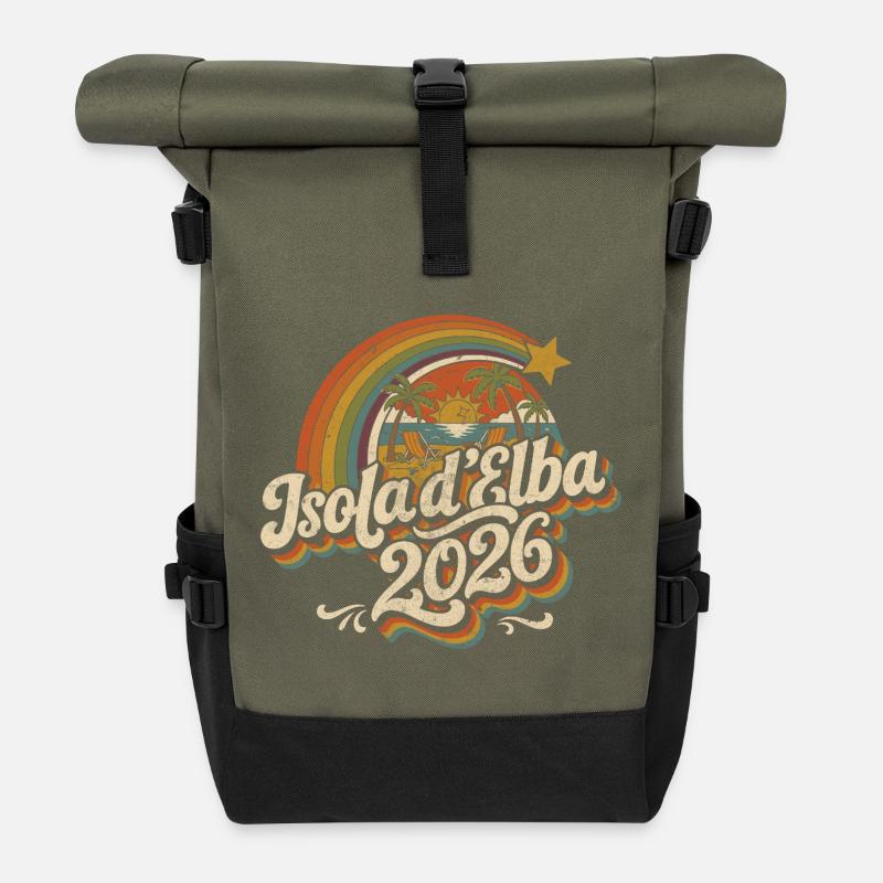 Isola d'Elba 2026 Retro Strand-Logo - Rolltop Rucksack - Olive/Schwarz