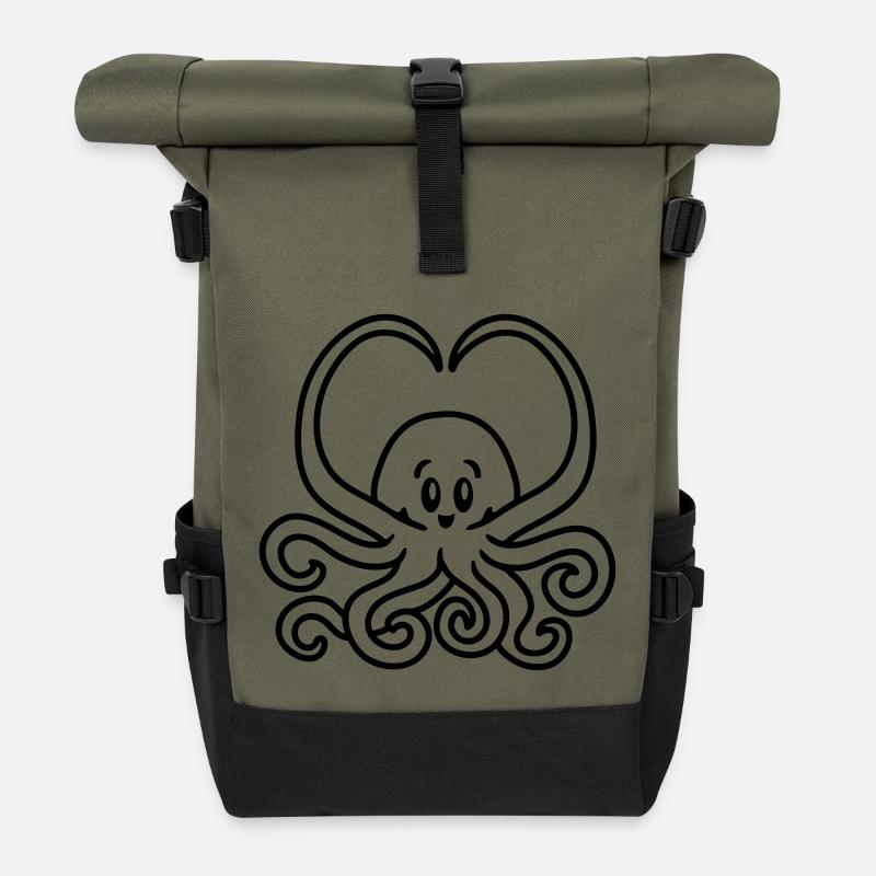 Squid heart - line - Roll Top Backpack - olive/black