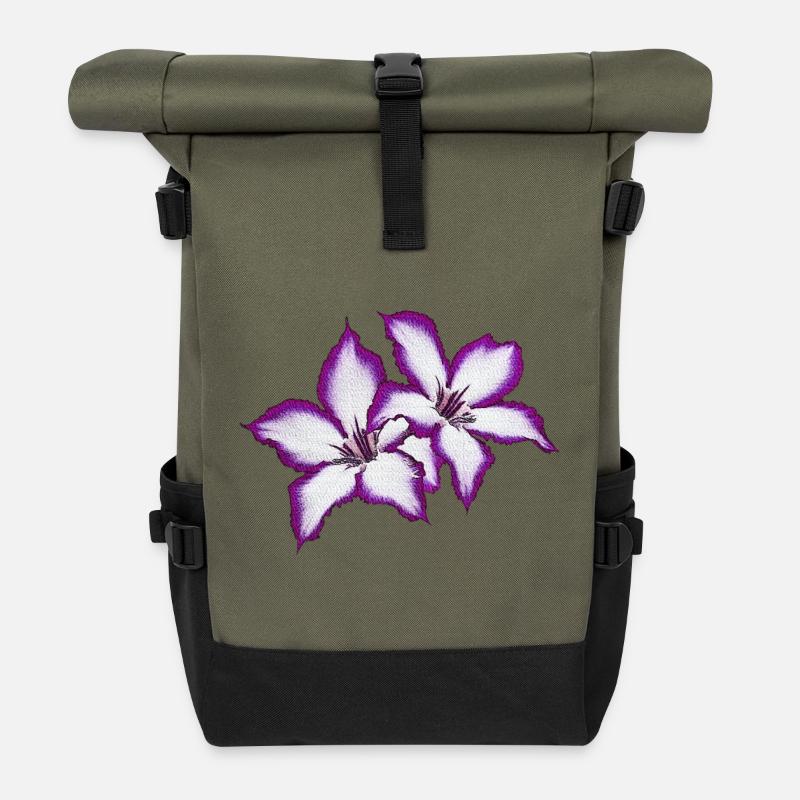 Flowers pink and white canvas, spring motifs women - Roll Top Backpack - olive/black