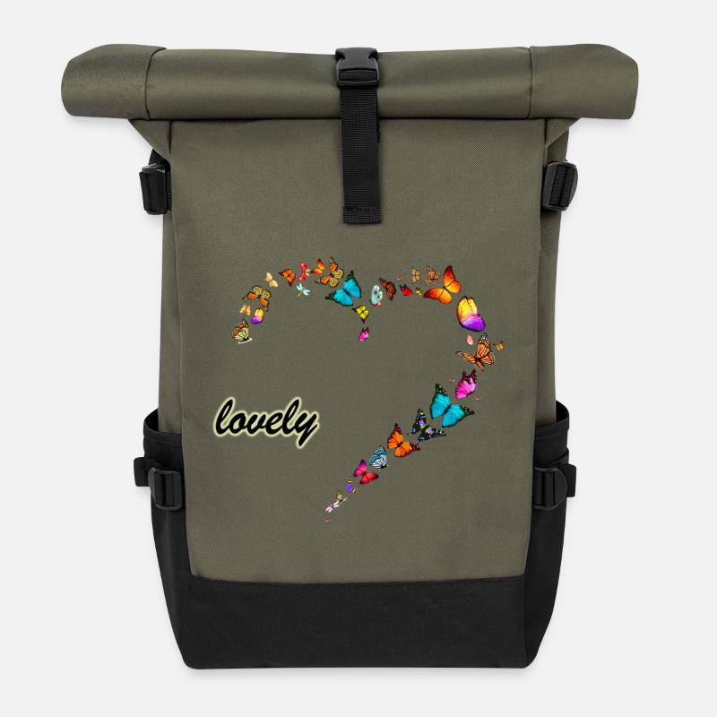 butterflies multi lovely heart - Roll Top Backpack - olive/black