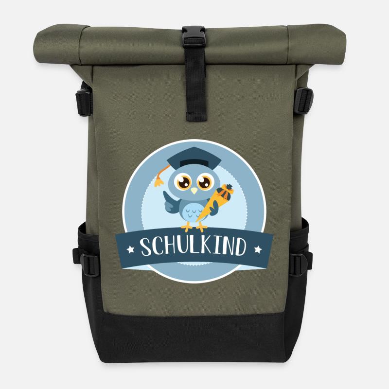 Schulkind Eule mit Zuckertüte - Rolltop Rucksack - Olive/Schwarz