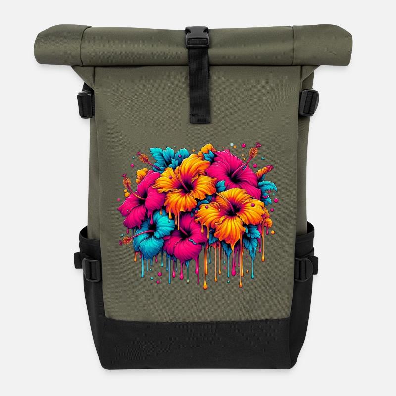 Hibiscus Flowers - Roll Top Backpack - olive/black
