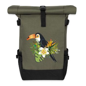 Toucan avec des fleurs tropicales - Design d’oiseau exotique - Sac à dos roll top - olive/noir - Devant