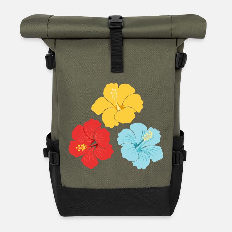 Hibiscus Trio – Bright colours with outlines - Roll Top Backpack - olive/black