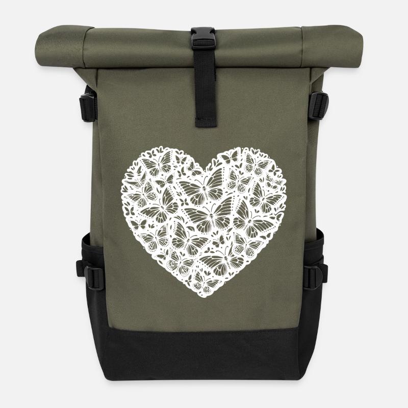 Herz mit Schmetterlingen, Lebensfreude - Rolltop Rucksack - Olive/Schwarz