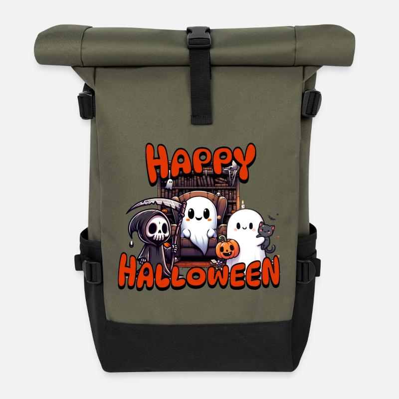 Cute Ghosts Halloween Scene with Pumpkin - Roll Top Backpack - olive/black