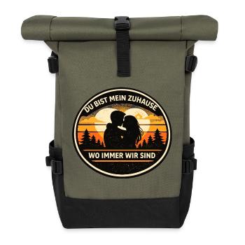 Du bist mein Zuhause Romantik Badge - Rolltop Rucksack - Olive/Schwarz - Vorne