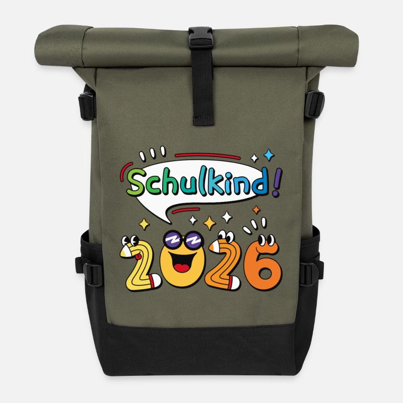 Schulkind 2026 Einschulung Schulanfang Comic - Rolltop Rucksack - Olive/Schwarz