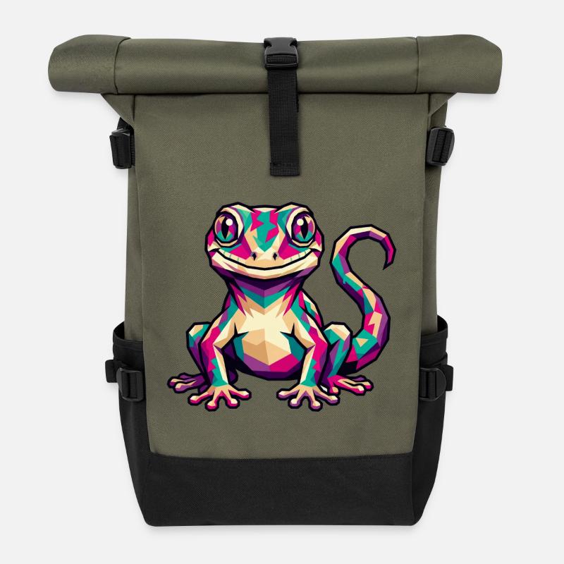 Colorful Geometric Gecko - Roll Top Backpack - olive/black