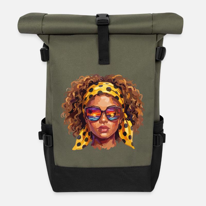 Frau mit Sonnenbrille  - Rolltop Rucksack - Olive/Schwarz