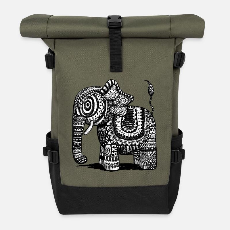 Power Elefant Mit Muster I Indien I Geschenk Ethno - Rolltop Rucksack - Olive/Schwarz