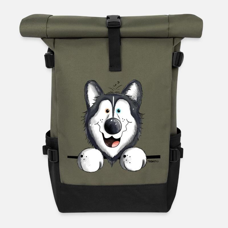 Neugieriger Husky - Rolltop Rucksack - Olive/Schwarz