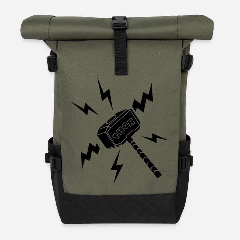 Thor-Hammer mit Text THOR - Rolltop Rucksack - Olive/Schwarz
