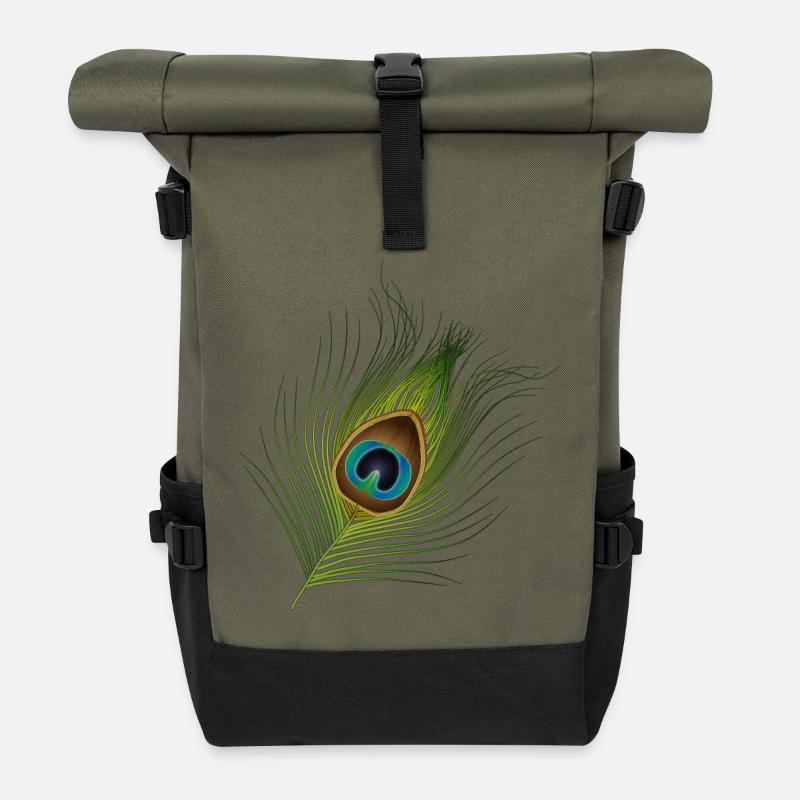 von Hand gezeichnete Pfauenfeder - Rolltop Rucksack - Olive/Schwarz