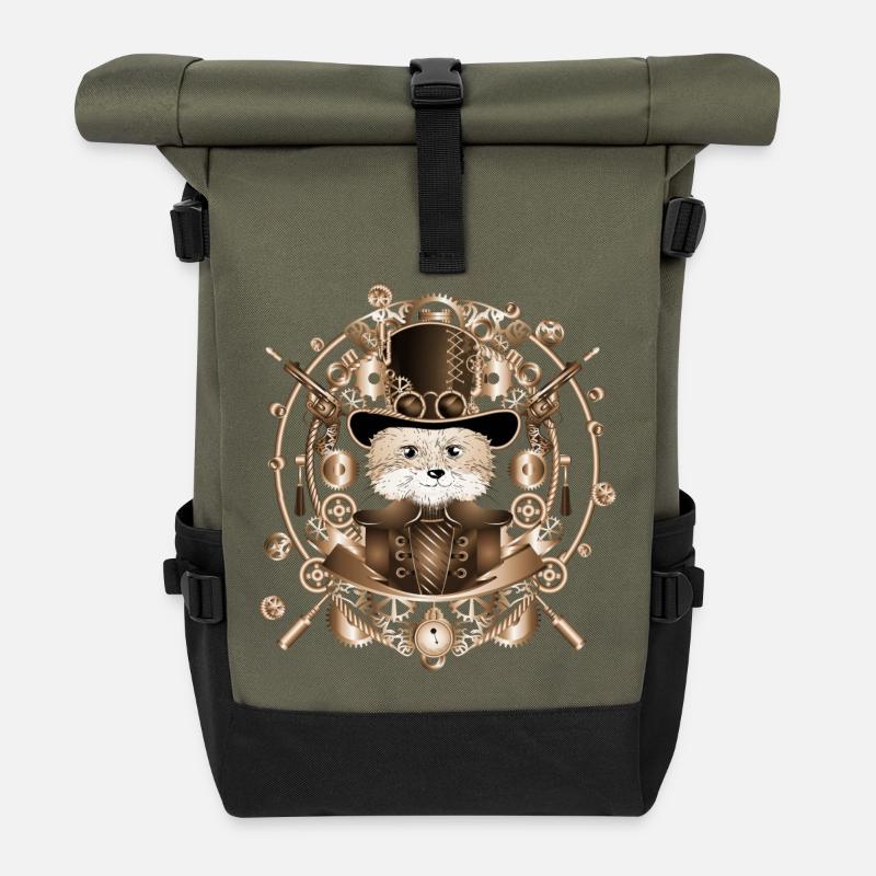 Steampunk Fuchs mit Zylinder Hut im Rahmen - Rolltop Rucksack - Olive/Schwarz