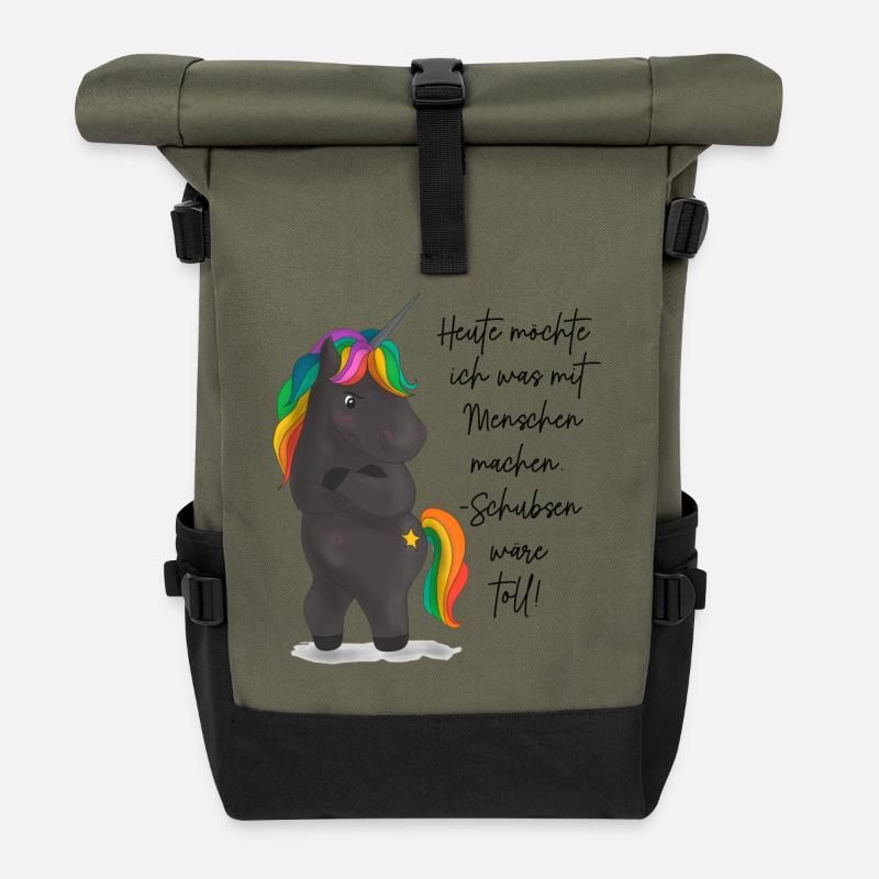 Einhorndrache mit Regenbogenmähne - Rolltop Rucksack - Olive/Schwarz