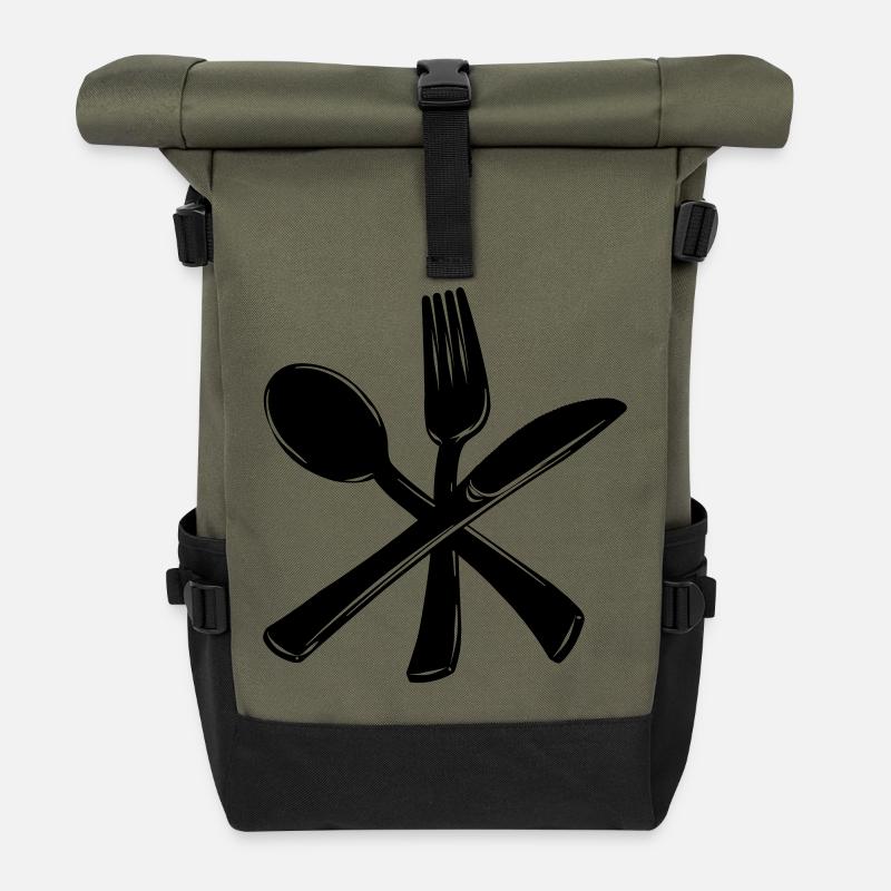 Messer, Gabel und Löffel gekreuzt - Rolltop Rucksack - Olive/Schwarz