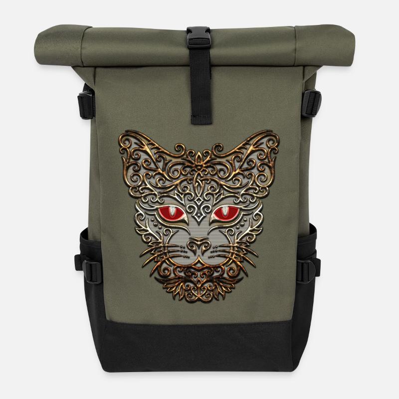 dekorativer Katzenkopf - Rolltop Rucksack - Olive/Schwarz