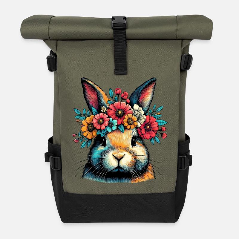 Rabbit with Flowers - Roll Top Backpack - olive/black