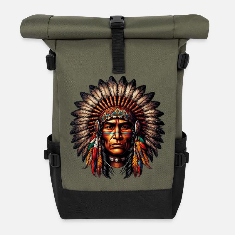 American Indian American - Roll Top Backpack - olive/black