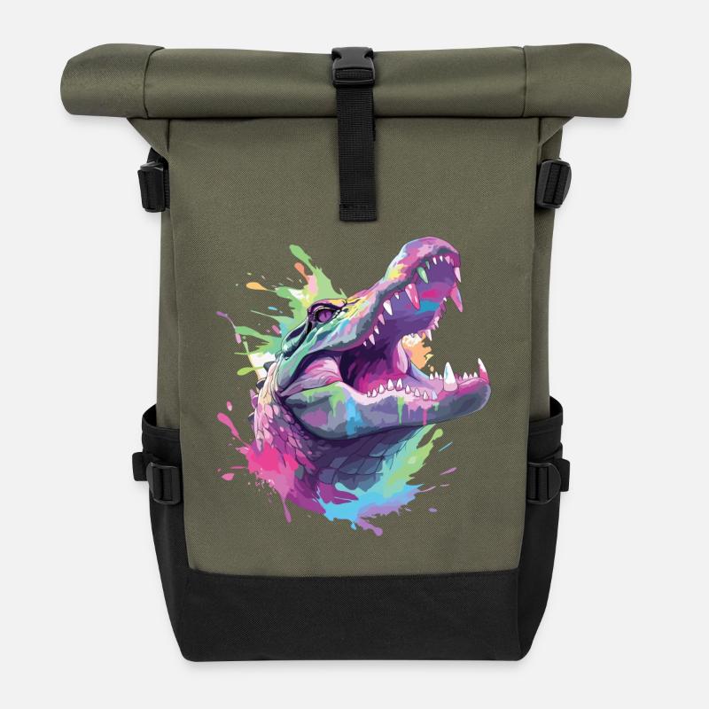 Alligator Krokodil Kaiman Reptil Raubtier Tier - Rolltop Rucksack - Olive/Schwarz