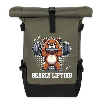 Bearly Lifting – Fun Teddy Workout Design - Roll Top Backpack - olive/black - Front